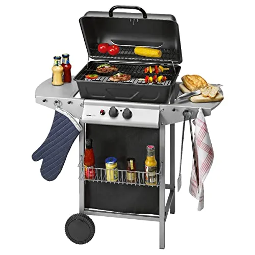 Clatronic® Gasgrill mit 2 Heizzonen | individuelle Temperatursteuerung | inkl. Grillrost + Warmhalterost | Grill mit praktischem Ablagekorb und großem Stauraum für Gasflasche | GG 3590
