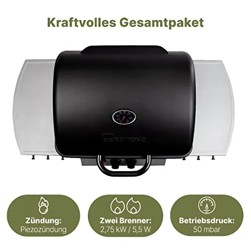 Clatronic® Gasgrill mit 2 Heizzonen | individuelle Temperatursteuerung | inkl. Grillrost + Warmhalterost | Grill mit praktischem Ablagekorb und großem Stauraum für Gasflasche | GG 3590