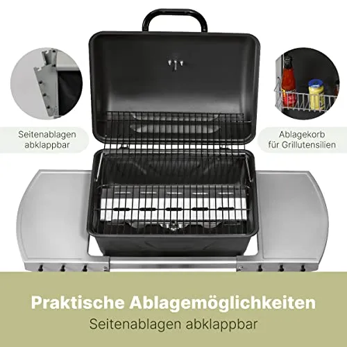 Clatronic® Gasgrill mit 2 Heizzonen | individuelle Temperatursteuerung | inkl. Grillrost + Warmhalterost | Grill mit praktischem Ablagekorb und großem Stauraum für Gasflasche | GG 3590