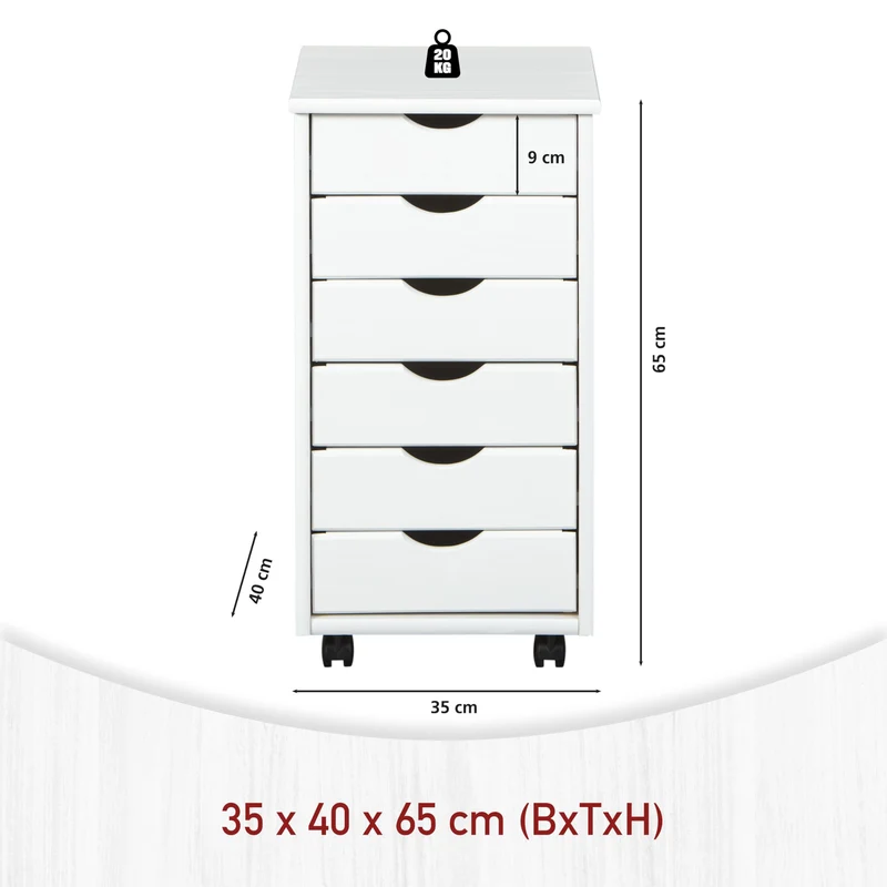 Inter Link – Rollcontainer – Rollcontainer mit 6 Schubladen – Bürocontainer - Rollschrank – Rollwagen – Schubladenkommode - Massiv Kieferholz – Weiß Lackiert - 35 x 40 x 65 cm - Simon