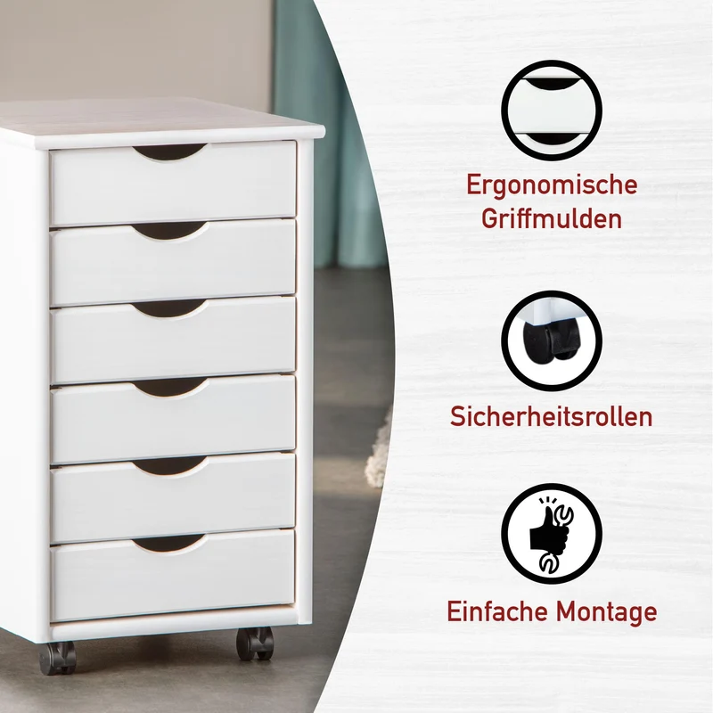 Inter Link – Rollcontainer – Rollcontainer mit 6 Schubladen – Bürocontainer - Rollschrank – Rollwagen – Schubladenkommode - Massiv Kieferholz – Weiß Lackiert - 35 x 40 x 65 cm - Simon