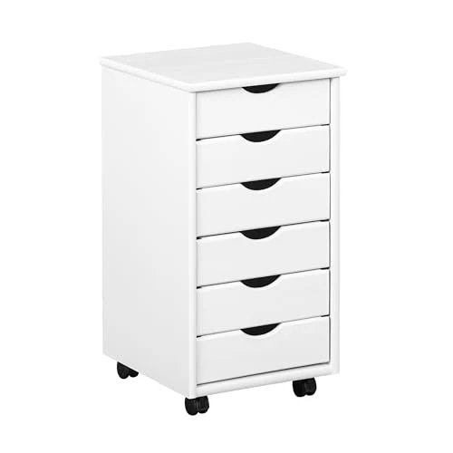 Inter Link – Rollcontainer – Rollcontainer mit 6 Schubladen – Bürocontainer - Rollschrank – Rollwagen – Schubladenkommode - Massiv Kieferholz – Weiß Lackiert - 35 x 40 x 65 cm - Simon