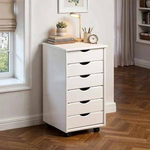 Inter Link – Rollcontainer – Rollcontainer mit 6 Schubladen – Bürocontainer - Rollschrank – Rollwagen – Schubladenkommode - Massiv Kieferholz – Weiß Lackiert - 35 x 40 x 65 cm - Simon