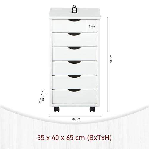 Inter Link – Rollcontainer – Rollcontainer mit 6 Schubladen – Bürocontainer - Rollschrank – Rollwagen – Schubladenkommode - Massiv Kieferholz – Weiß Lackiert - 35 x 40 x 65 cm - Simon