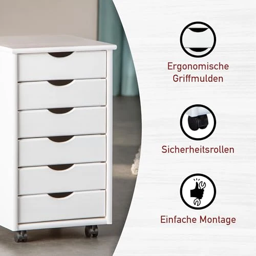 Inter Link – Rollcontainer – Rollcontainer mit 6 Schubladen – Bürocontainer - Rollschrank – Rollwagen – Schubladenkommode - Massiv Kieferholz – Weiß Lackiert - 35 x 40 x 65 cm - Simon