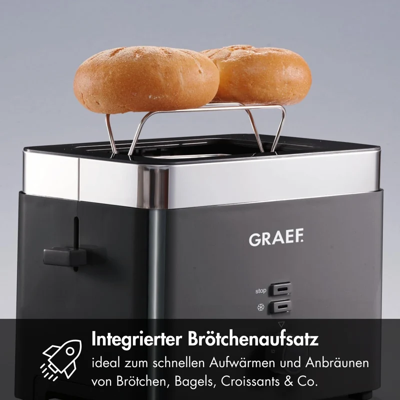 GRAEF Toaster TO62 Schwarz 2-Scheiben Toaster mit Brötchenaufsatz, Sicherheitsabschaltung, Brotscheibenzentrierung und Krümelschublade