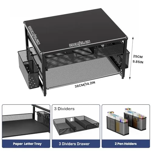 Schreibtisch-Druckerständer aus Metall mit Schublade und 2 Stifthaltern, 2-stöckiges Schreibtisch-Drucker-Regal mit Papierhalter, Mehrzweck-Büro-Schreibtisch-Organizer, Schwarz