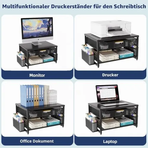 Schreibtisch-Druckerständer aus Metall mit Schublade und 2 Stifthaltern, 2-stöckiges Schreibtisch-Drucker-Regal mit Papierhalter, Mehrzweck-Büro-Schreibtisch-Organizer, Schwarz