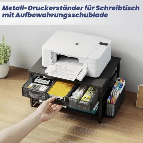 Schreibtisch-Druckerständer aus Metall mit Schublade und 2 Stifthaltern, 2-stöckiges Schreibtisch-Drucker-Regal mit Papierhalter, Mehrzweck-Büro-Schreibtisch-Organizer, Schwarz
