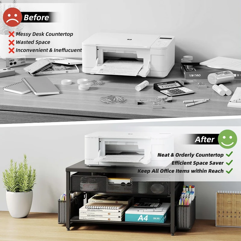 Schreibtisch-Druckerständer aus Metall mit Schublade und 2 Stifthaltern, 2-stöckiges Schreibtisch-Drucker-Regal mit Papierhalter, Mehrzweck-Büro-Schreibtisch-Organizer, Schwarz