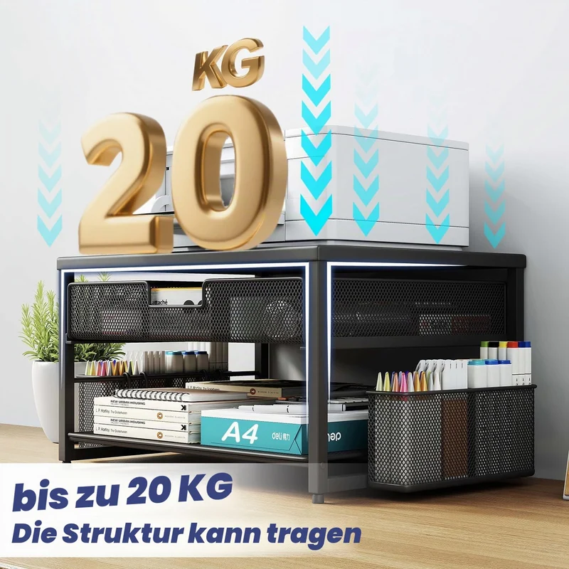 Schreibtisch-Druckerständer aus Metall mit Schublade und 2 Stifthaltern, 2-stöckiges Schreibtisch-Drucker-Regal mit Papierhalter, Mehrzweck-Büro-Schreibtisch-Organizer, Schwarz