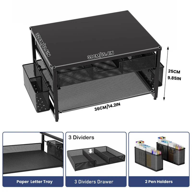 Schreibtisch-Druckerständer aus Metall mit Schublade und 2 Stifthaltern, 2-stöckiges Schreibtisch-Drucker-Regal mit Papierhalter, Mehrzweck-Büro-Schreibtisch-Organizer, Schwarz