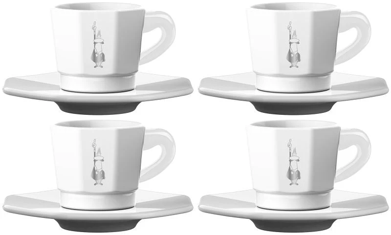 Bialetti 'Set 4 achteckige Espressotassen mit Unterteller weiß'