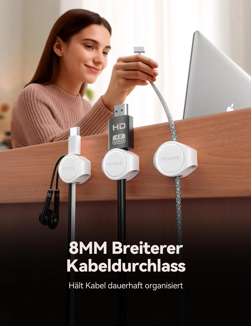 FLYLEAD 8 Stück Silikon Kabelhalter Magnetische Kabelclips Selbstklebende Kabelmanagement Schreibtisch Organizer für Nachttisch, Ladekabel, HDMI, USB, Audiokabel, Weiß
