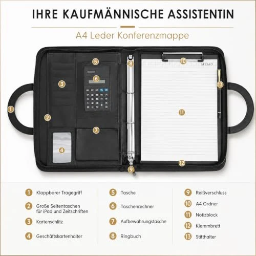 Schreibmappe A4, Konferenzmappe Leder, Dokumentenmappe mit Reißverschluss, Wasserdicht Aktenmappe mit Ringbuch Klemmbrett Notizblock, Portfolio Padfolio Mappe für Business Meeting, Schwarz