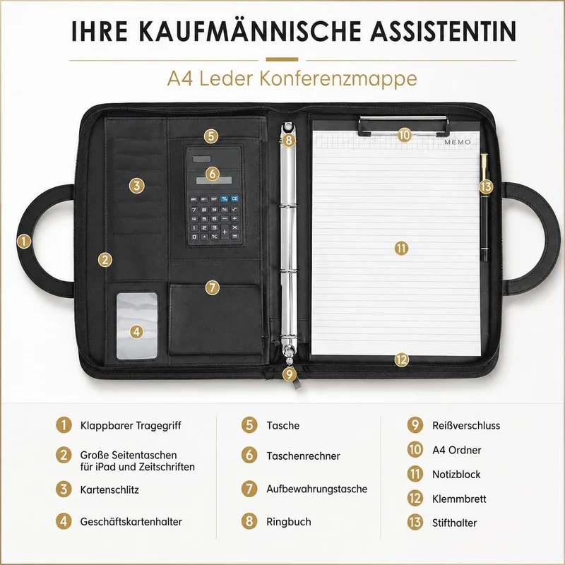 Schreibmappe A4, Konferenzmappe Leder, Dokumentenmappe mit Reißverschluss, Wasserdicht Aktenmappe mit Ringbuch Klemmbrett Notizblock, Portfolio Padfolio Mappe für Business Meeting, Schwarz