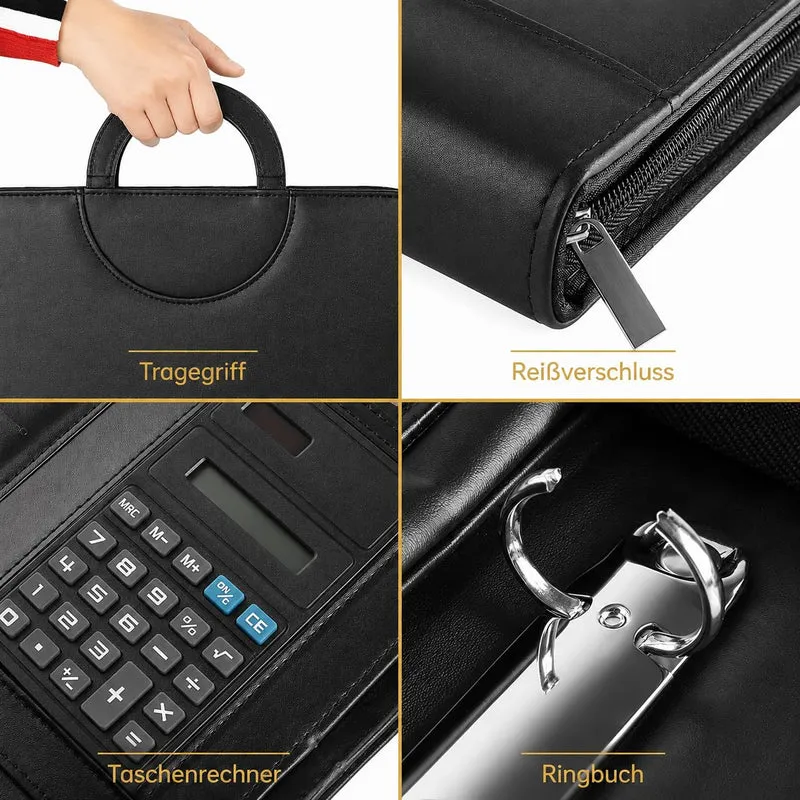 Schreibmappe A4, Konferenzmappe Leder, Dokumentenmappe mit Reißverschluss, Wasserdicht Aktenmappe mit Ringbuch Klemmbrett Notizblock, Portfolio Padfolio Mappe für Business Meeting, Schwarz
