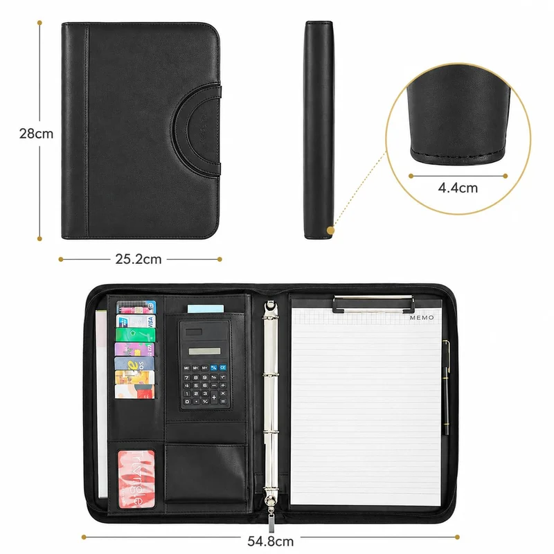 Schreibmappe A4, Konferenzmappe Leder, Dokumentenmappe mit Reißverschluss, Wasserdicht Aktenmappe mit Ringbuch Klemmbrett Notizblock, Portfolio Padfolio Mappe für Business Meeting, Schwarz