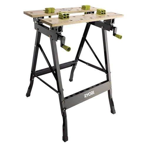 RYOBI Klappbare Werkbank RWB02 – Mobile Bambus-Werkbank mit Spannsystem, schwenkbaren Spannplatten & Maßskala – Tragbare DIY Arbeitsbank für Werkstatt, Garage & Heimwerker