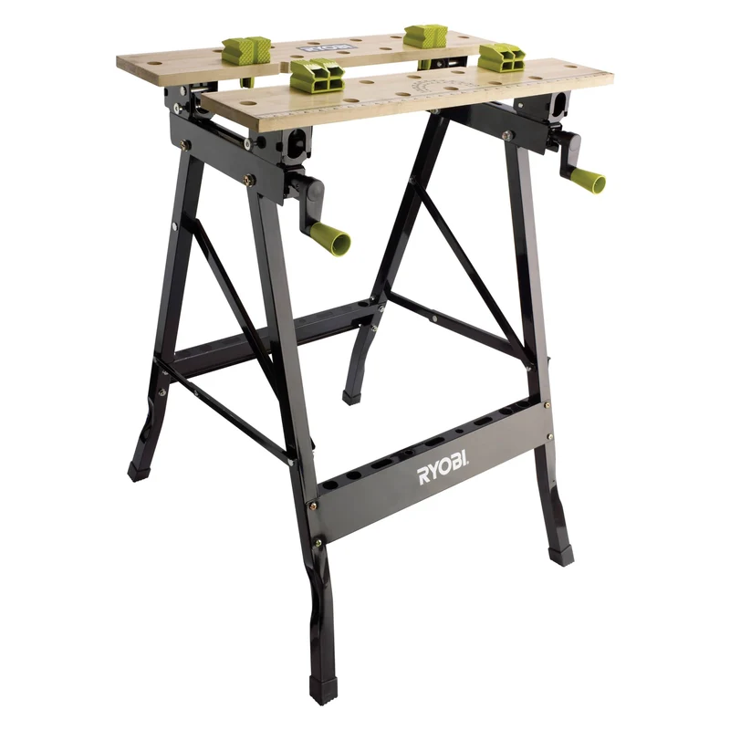 RYOBI Klappbare Werkbank RWB02 – Mobile Bambus-Werkbank mit Spannsystem, schwenkbaren Spannplatten & Maßskala – Tragbare DIY Arbeitsbank für Werkstatt, Garage & Heimwerker