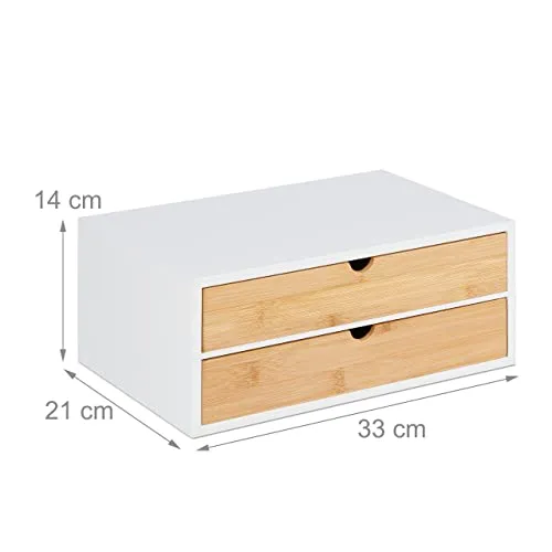 Relaxdays Schubladenbox, Bambus & MDF, Mini Kommode 2 Schubladen, HBT: 14x33x21 cm, Schreibtisch Organizer, weiß/natur