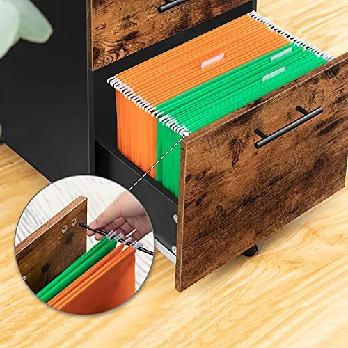 HOOBRO Rollcontainer, Rollen Aktenschrank mit 3 Schubladen, mobiler Büroschrank mit hängenden Aktenfächern, Büro, Dunkelbraun und Schwarz EBF02WJ01G1