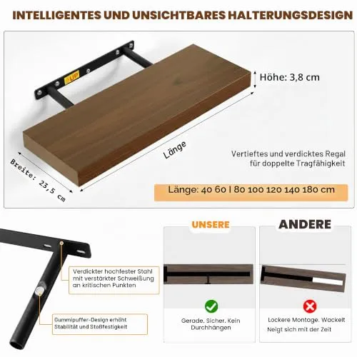 RICHER HOUSE Eiche Wandregale, 60 x 23,5 x 3,8cm Wandboard MDF Holz 1er-Set