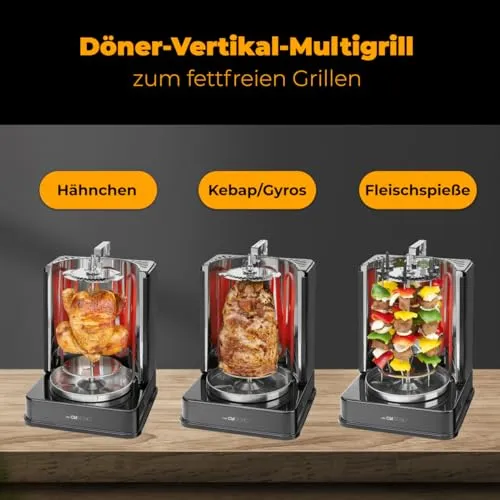 Clatronic® Döner-Vertikal-Multigrill | Multigrill Perfekt für Gyros, Kebab & mehr | Gyrosgrill für Fettfreies Grillen zuhause | Dönergrill Inkl. Drehspieß & 6 Fleischspieße | DVG 3686