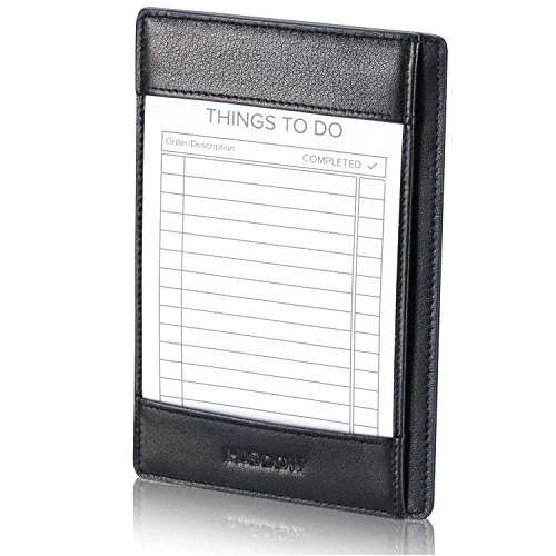 HISCOW Notizblock und Taschen-Notizbuch aus italienischem Leder, 7,6 x 12,7 cm, mit sicherem Stifthalter, nachfüllbarer Notizblock, Organizer für Arbeit und Reisen, Schwarz