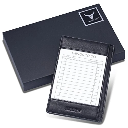 HISCOW Notizblock und Taschen-Notizbuch aus italienischem Leder, 7,6 x 12,7 cm, mit sicherem Stifthalter, nachfüllbarer Notizblock, Organizer für Arbeit und Reisen, Schwarz