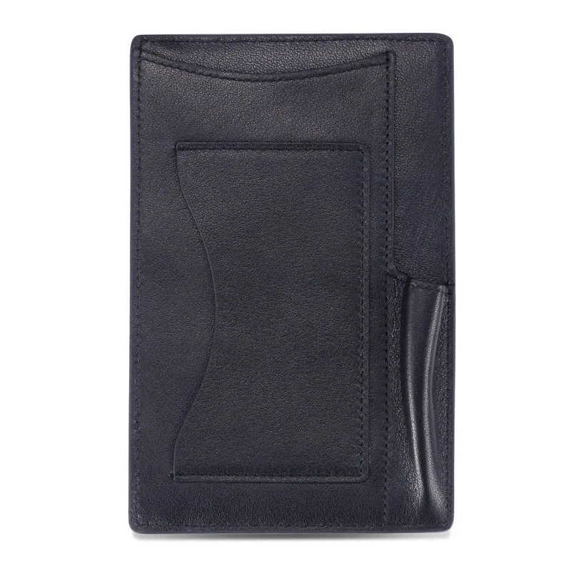 HISCOW Notizblock und Taschen-Notizbuch aus italienischem Leder, 7,6 x 12,7 cm, mit sicherem Stifthalter, nachfüllbarer Notizblock, Organizer für Arbeit und Reisen, Schwarz