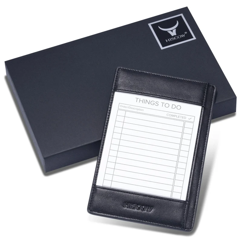 HISCOW Notizblock und Taschen-Notizbuch aus italienischem Leder, 7,6 x 12,7 cm, mit sicherem Stifthalter, nachfüllbarer Notizblock, Organizer für Arbeit und Reisen, Schwarz
