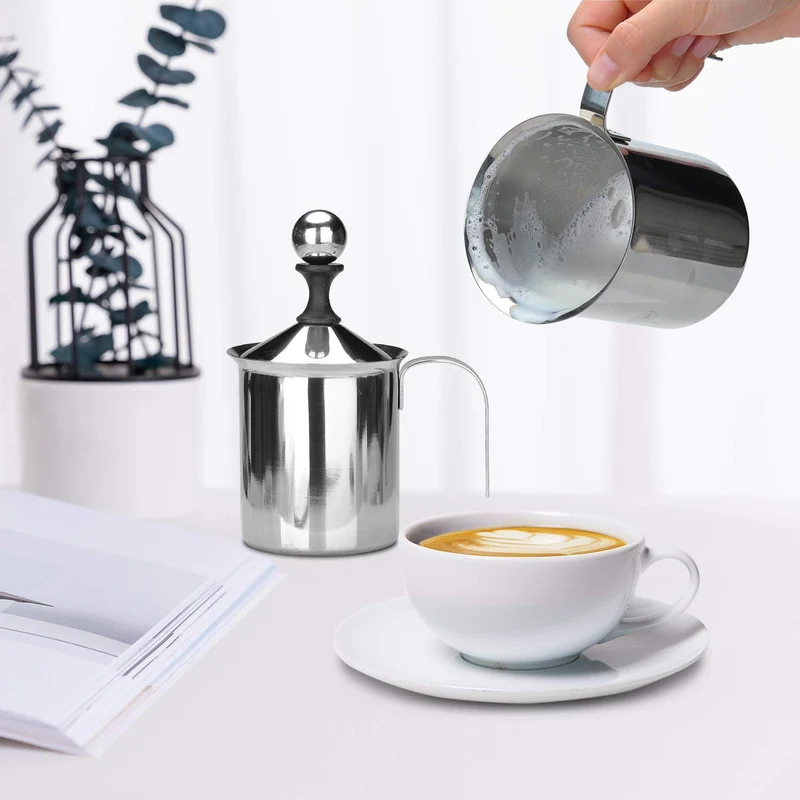 400ML Manuelle Milchaufschäumer Edelstahl Milchaufschäumer Doppel mesh Schaumbecher Schaumstoff Sahnekännchen für Cappuccino Latte Macchiato