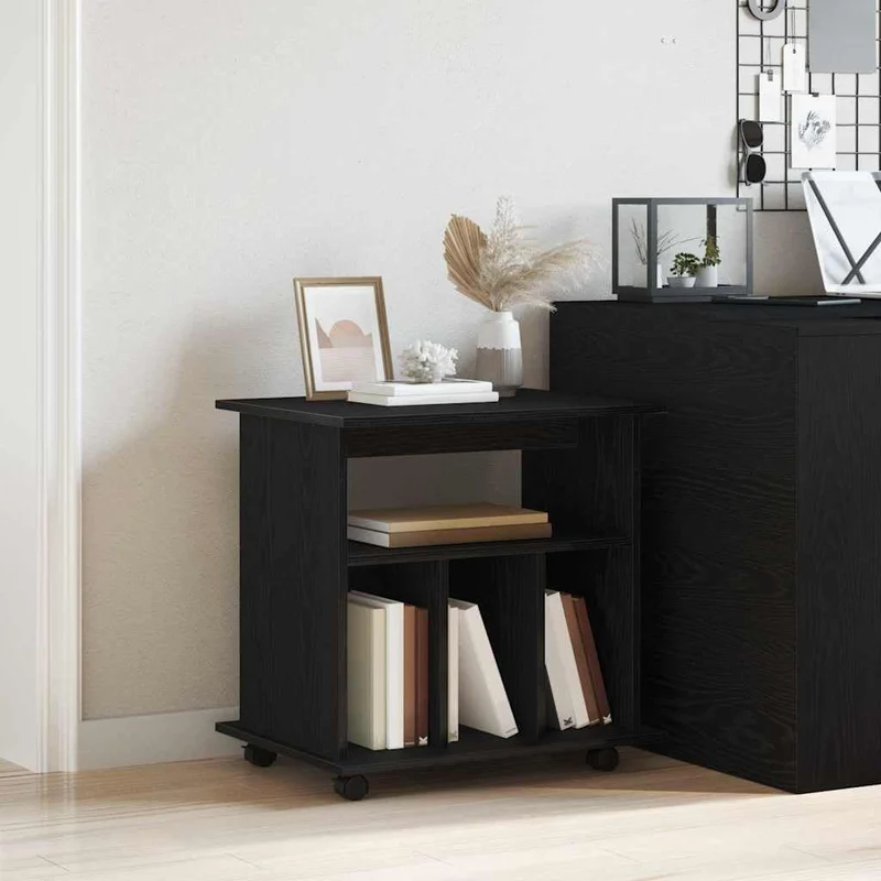 Rollschrank Schwarz Eichen-Optik 60x45x55 cm Büroschrank mit 4 Rollen und verstellbaren Regalen holzwerkstoff Modernes Design platzsparend für Home-Office Wohnzimmer & Flur