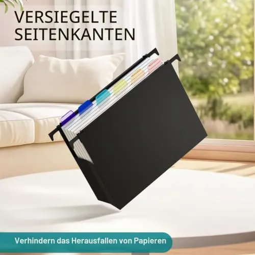 Uquelic A4 Hängeregister Mappen, 6 Stück (10 cm Erweiterung), große Kapazität Hängemappen mit bunten PP-Trennblättern und Reitern, Hängeordner für Schule, Zuhause, Büro, Organisation, Schwarz