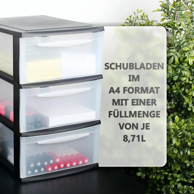 Schubladenbox A4 Schubladenschrank Kunststoff Schreibtisch Organizer mit 3 transparenten Schubladen Aufbewahrungsturm (8,71L Schubladen)