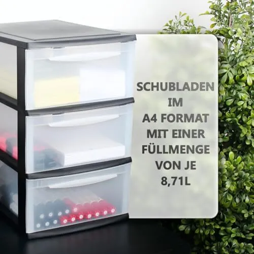 Schubladenbox A4 Schubladenschrank Kunststoff Schreibtisch Organizer mit 3 transparenten Schubladen Aufbewahrungsturm (8,71L Schubladen)