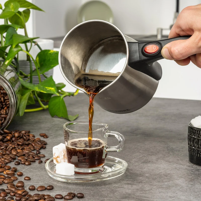 TZS First Austria Elektrischer Türkischer Kaffeekocher 0,35 Liter 800W | Mokkakocher, Espressokocher & Wasserkocher | aus Edelstahl, mit rutschfestem Griff | geeignet für Zuhause, Büro, Reisen