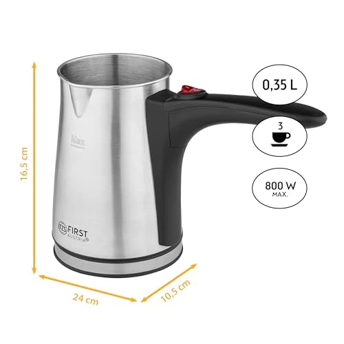 TZS First Austria Elektrischer Türkischer Kaffeekocher 0,35 Liter 800W | Mokkakocher, Espressokocher & Wasserkocher | aus Edelstahl, mit rutschfestem Griff | geeignet für Zuhause, Büro, Reisen
