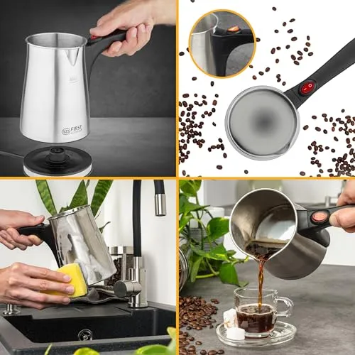 TZS First Austria Elektrischer Türkischer Kaffeekocher 0,35 Liter 800W | Mokkakocher, Espressokocher & Wasserkocher | aus Edelstahl, mit rutschfestem Griff | geeignet für Zuhause, Büro, Reisen