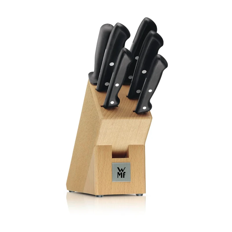 WMF Classic Line Messerblock mit Messerset 7-teilig, bestückt, 5 Messer, Wetzstahl, Buchenholz-Block, Spezialklingenstahl, schwarz