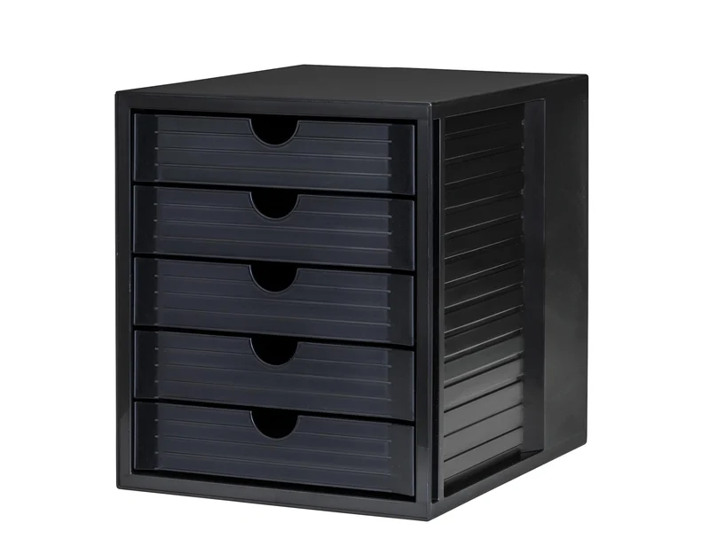 HAN Schubladenbox Systembox Karma mind 80 Prozent Recycling-Kunststoff mit 5 geschlossenen Schubladen, Inkl. Auszugsperre plus Beschriftungsclip, Gummifüße, Schwarz, 14508-13