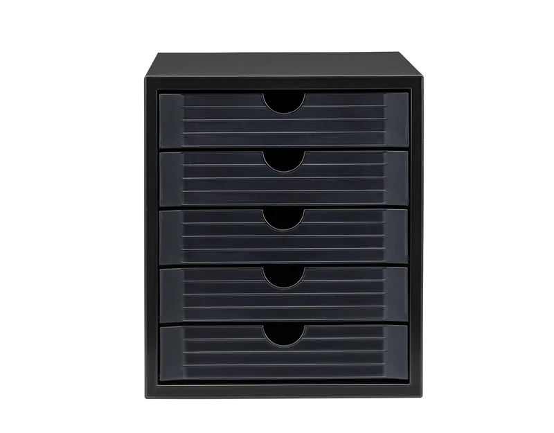 HAN Schubladenbox Systembox Karma mind 80 Prozent Recycling-Kunststoff mit 5 geschlossenen Schubladen, Inkl. Auszugsperre plus Beschriftungsclip, Gummifüße, Schwarz, 14508-13