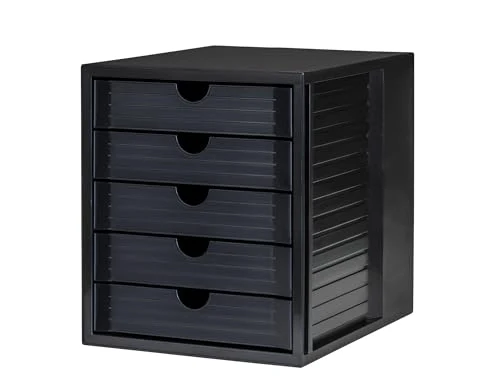 HAN Schubladenbox Systembox Karma mind 80 Prozent Recycling-Kunststoff mit 5 geschlossenen Schubladen, Inkl. Auszugsperre plus Beschriftungsclip, Gummifüße, Schwarz, 14508-13