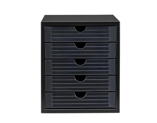 HAN Schubladenbox Systembox Karma mind 80 Prozent Recycling-Kunststoff mit 5 geschlossenen Schubladen, Inkl. Auszugsperre plus Beschriftungsclip, Gummifüße, Schwarz, 14508-13