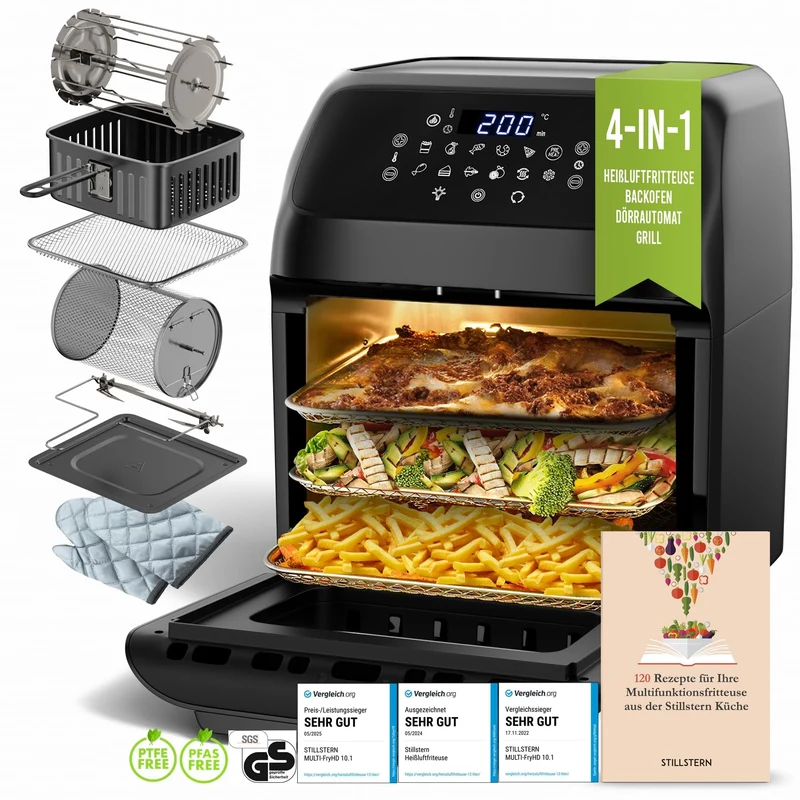 Stillstern Heißluftfritteuse XXL 12L mit LED-Touchscreen, Rezeptbuch auf Deutsch, 12 Programme, Vorheizen&Warmhalten, 1800W Heissluftfritteuse AirFryer XXL ohne Öl Dörren Minibackofen Camping Grill