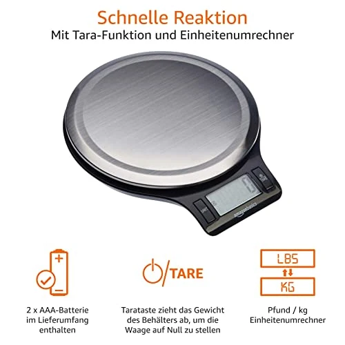 Amazon Basics Digitale Küchenwaage mit LCD-Anzeige (mit Batterien), Edelstahl, BPA-frei, Wiegt bis zu 11 Pfund, Schwarz