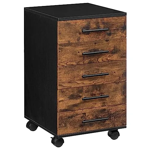 HOOBRO Aktenschrank, Rollcontainer mit 5 Schubladen, Holz Büroschrank, Kommode Aufbewahrungsschrank, Industrie Stil Einfache Montage Rustikal, Dunkelbraun und Schwarz EBF05WJ01G1