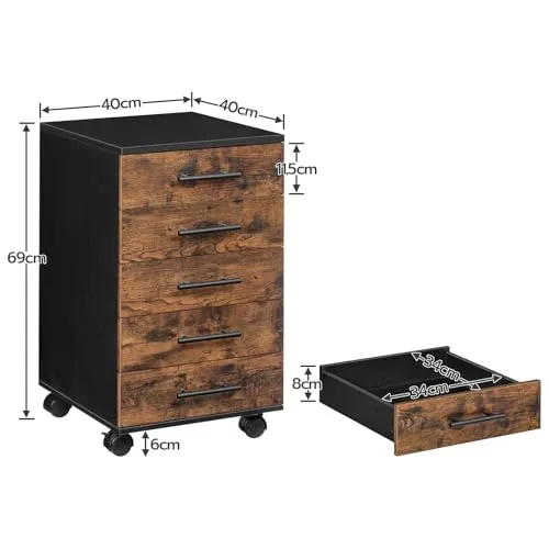 HOOBRO Aktenschrank, Rollcontainer mit 5 Schubladen, Holz Büroschrank, Kommode Aufbewahrungsschrank, Industrie Stil Einfache Montage Rustikal, Dunkelbraun und Schwarz EBF05WJ01G1