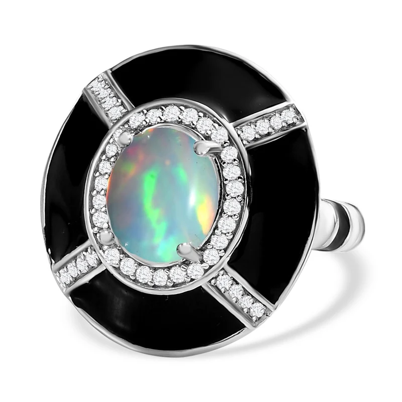 GP Kollektion - Natürlicher, äthiopischer Welo Opal und weißer Zirkon Ring, 925 Silber platiniert ca. 2.21 ct
